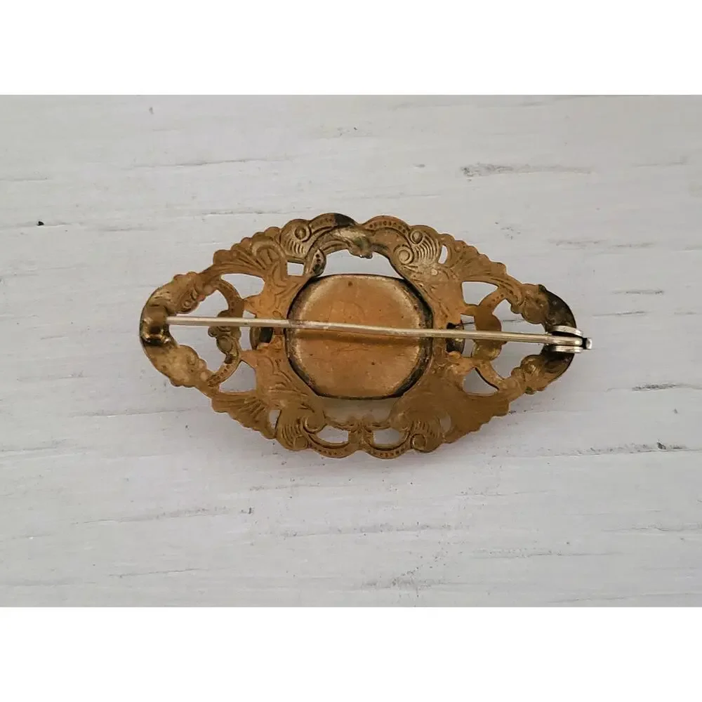Vintage Art Deco Floral Filigree Amber Glass C Clasp Brooch